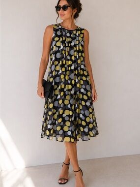 I LE New York Size 12 Polka Dot Chiffon Dress Sleeveless Black Yellow Gray